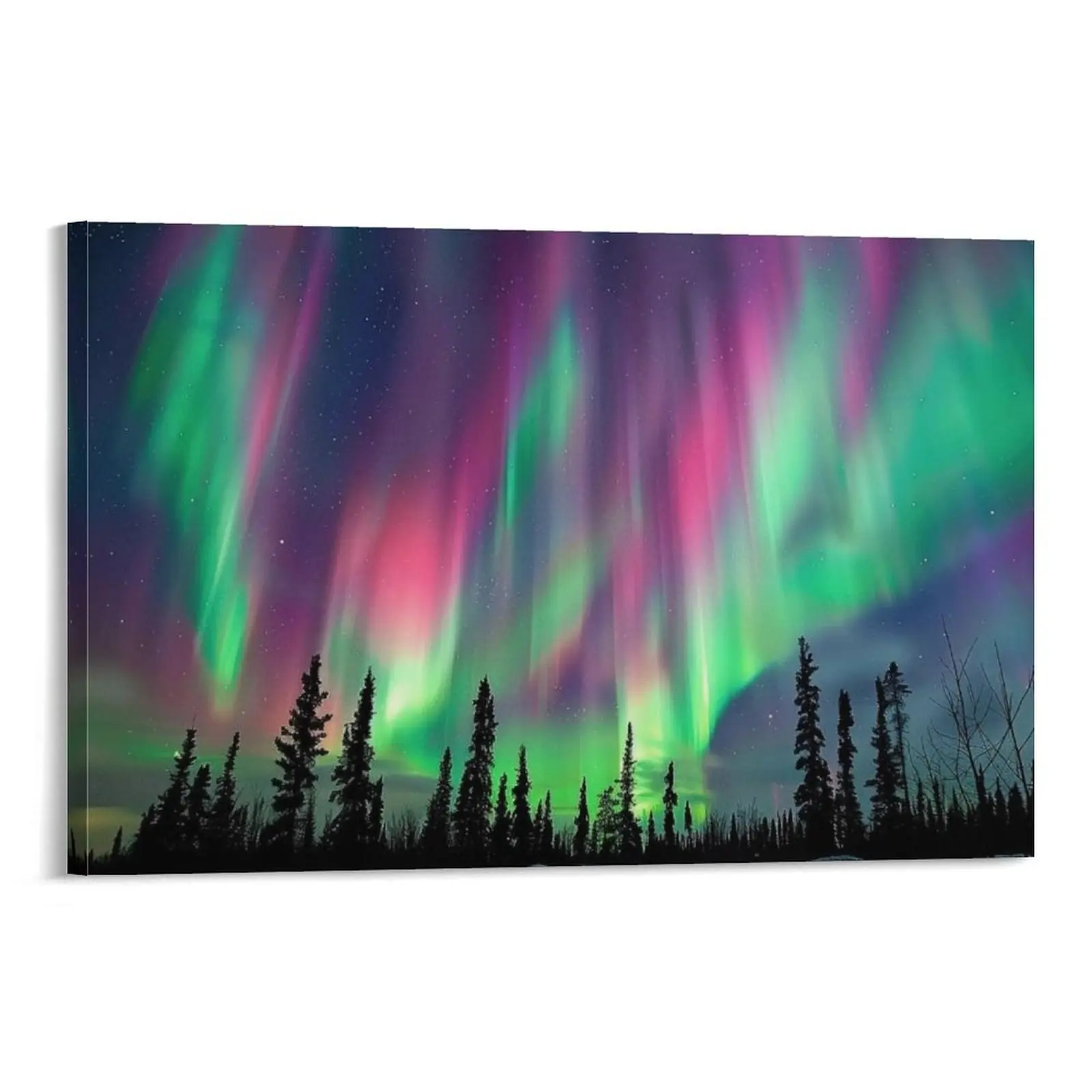 Aurora Borealis Forest Night Sky Canvas Prints - Northern Lights Landscape Art, Fade-Resistant Eco-Friendly Stretched Wall Decoration for Bedroom, Office & Gift Frames, Pre-Hung Ready