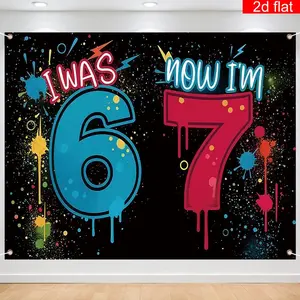 2D Flat, 2D Flat Banner, 1pc, Birthday-Themed Backdrop, "I WAS 6 NOW I'M 7", Red And Blue Graffiti Background Pattern,, Suitable for Birthday Party Celebrations, Home Room Wall Decorations,