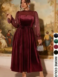 Elegant Plus Size Women's Mesh Velvet Sequin Dress, Ruched Waist Bubble Sleeve Party Gown, Perfect for Parties and Gatherings