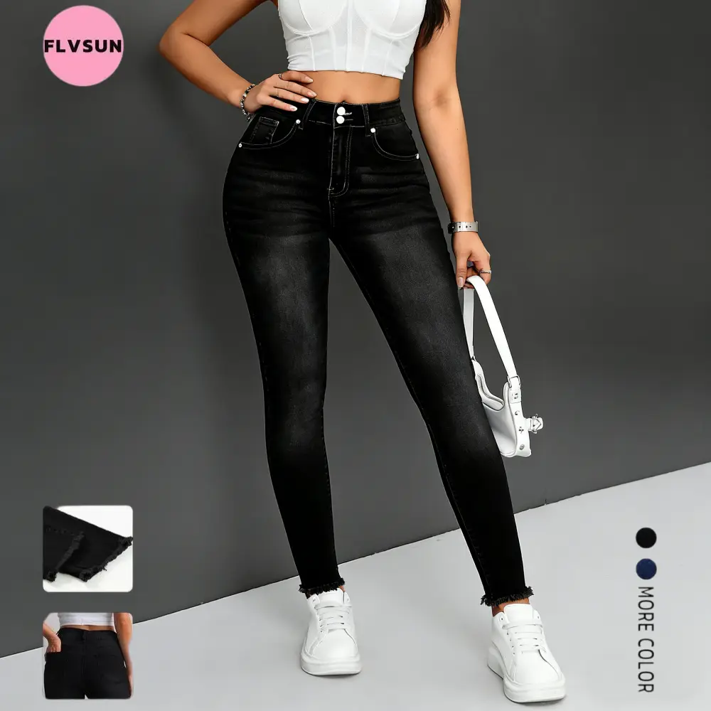 Flvsun Women's Clothes: Minimalist Black Skinny Jeans with Tummy Control, Mid-Waist Stretchy Denim Bottoms with Raw Hem, Basic, Jeans For Women, Black Jeans