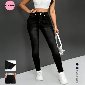 Flvsun-Women's Mid-Rise Jeans Strechy Raw Hem Straight Leg Ankle Denim Pants with Pockets TikTok Shop fall deals for you,Sleek Straight Leg Jeans , Stretchy Fabric