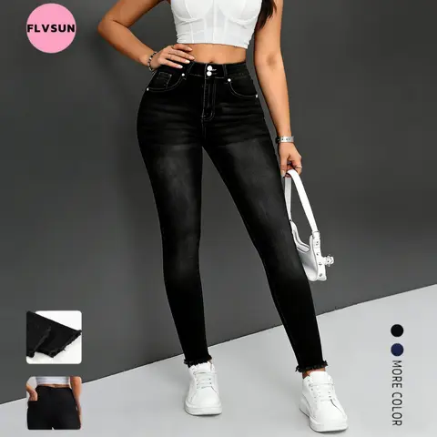 Flvsun Women's Basic Black Mid-Waist Tummy Control Stretchy Skinny Jeans - Raw Hem Denim Bottoms, Casual Streetwear Fits for Date Night, Outdoors