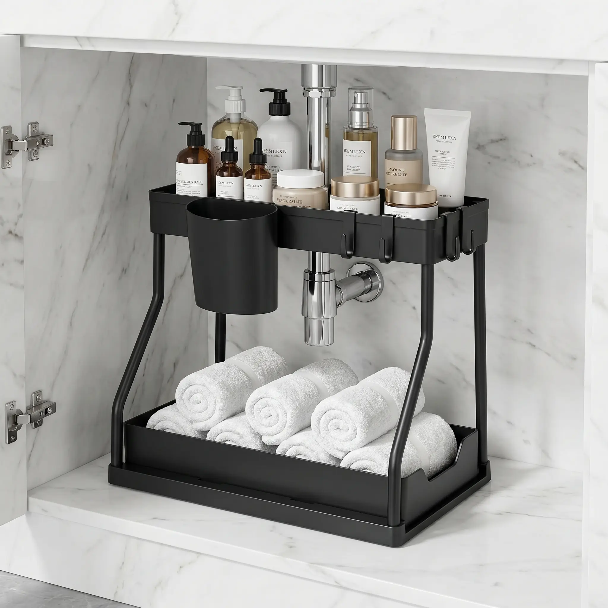 2-Tier Pull-Out Cabinet Organizer with Drawers, ABS Plastic L-Shaped Space-Saving Storage, Tool-Free Assembly for Renters Homeowners, Fits Most Kitchen Bathroom Cabinets