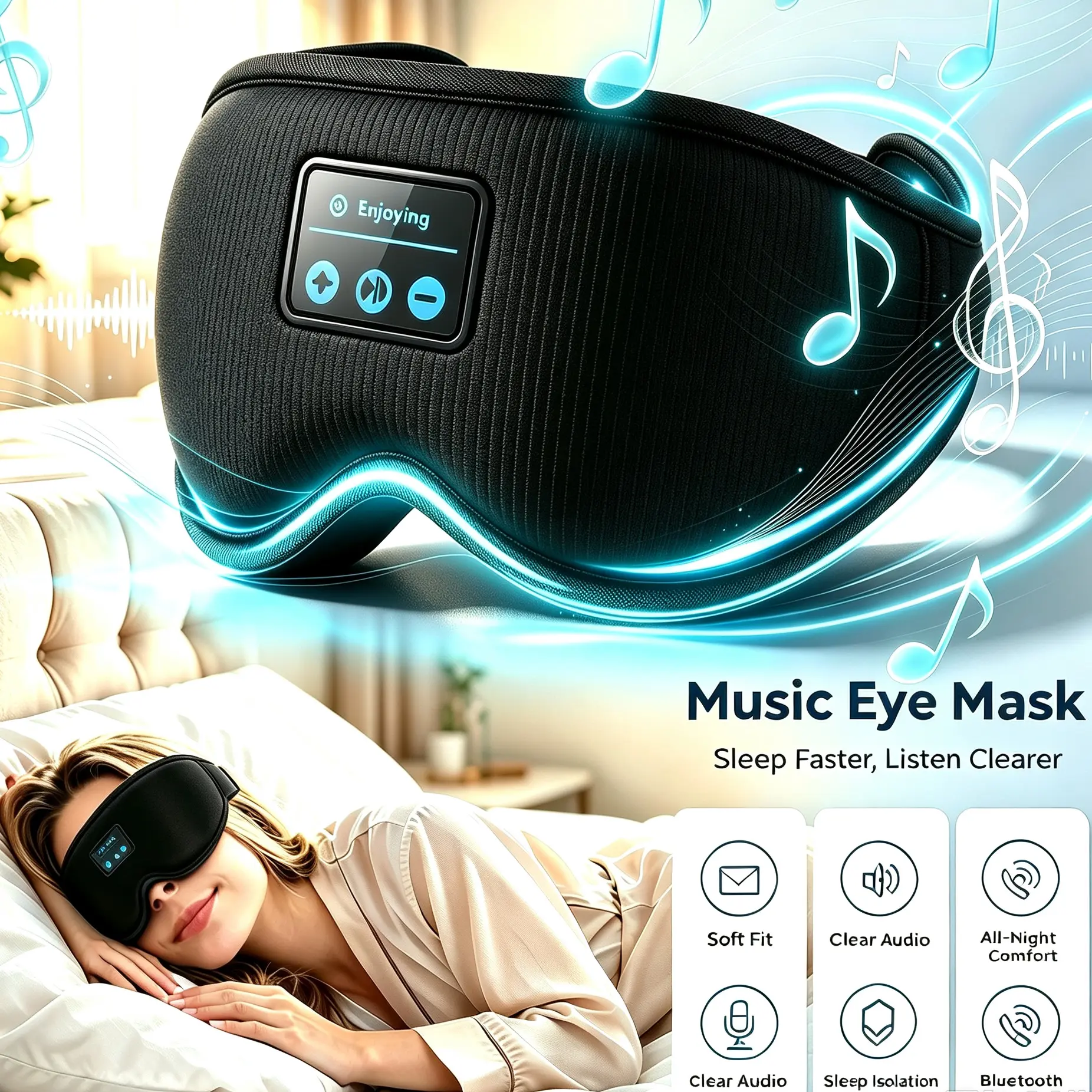 3D Contour Plain Bamboo Cotton Bluetooth Sleep Mask Headphones - 100% Blackout, Wireless, 15H Playtime, HD Stereo, Adjustable for Side Sleepers, Travel, Ideal Christmas Gift for Women/Men