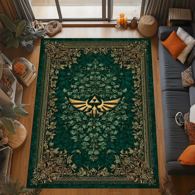 Zelda Hylian Crest Rug Emerald Gold Carpet, Ornate Leaf Border Design, Fantasy Gamer Decor