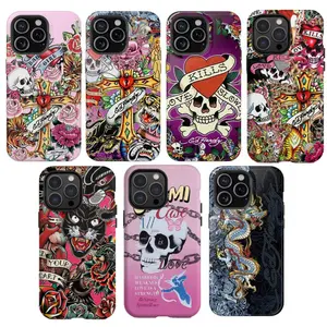 Pink Ed Hardy Skull Leopard Tattoo iPhone Case Compatible with iPhone 15 16 14 17 Pro Max 13 12 11 XR AIR XS Plus Cute Soft Silicone Drop Protection Rugged and Durable