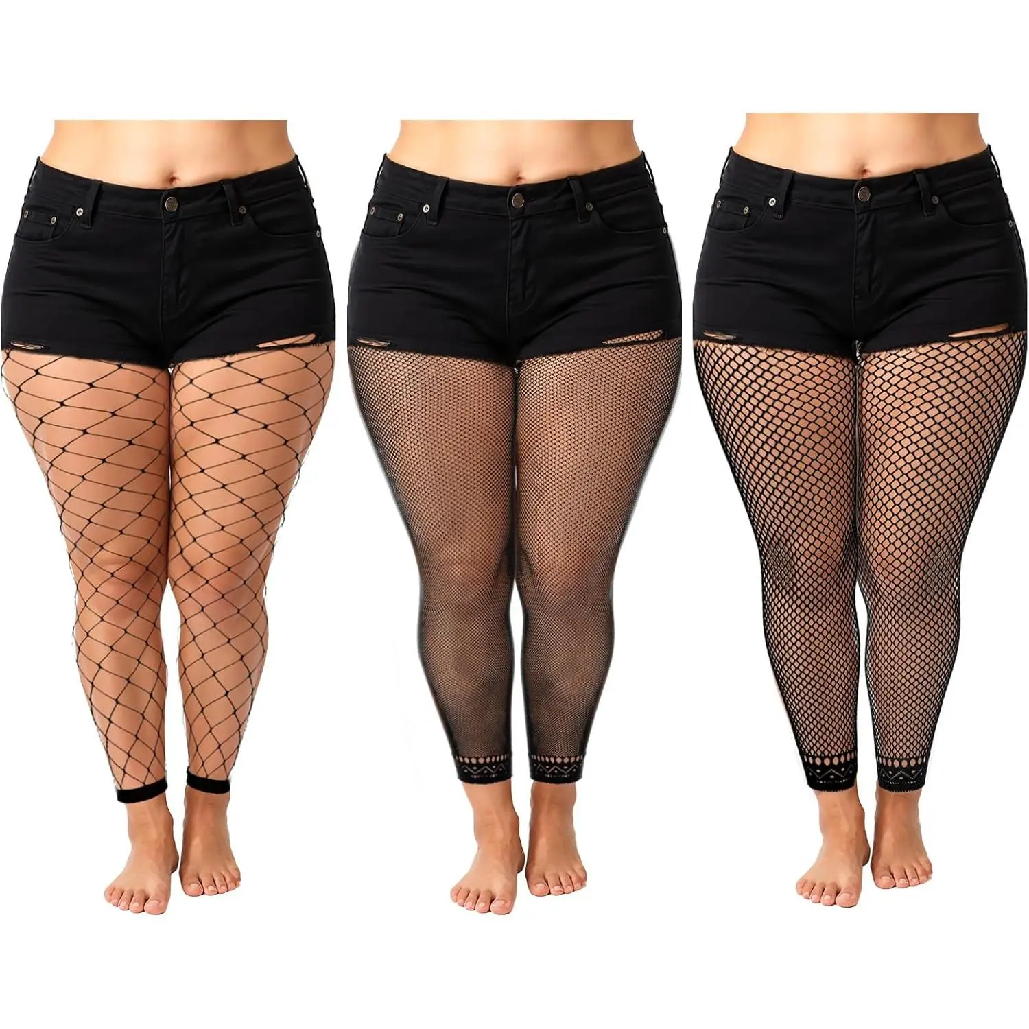 Plus Size High Waist Fishnet Tights, Sheer Mesh Pattern Stockings in Soft Fabric, 3-Pack Footless Design with Stretchy Fit, Women's Clothes, Breathable, Casual, Patterned Tights, Elegant Tights
