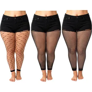 Women's Plus Size Fishnet Stockings - 3-Piece High-Waist Stretchy Footless Tights, Black Soft Breathable Fit, Casual Women's Clothes for XL-4XL 2026, Comfortable Apparel for Everyday Minimalist Wear