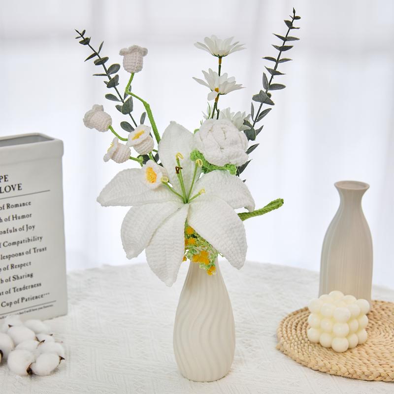 Handmade Crochet Lily Daisy Lily of Valley Bouquet Elegant Multi-color Decor Gift for Birthday Anniversary Graduation Mothers Day Valentines Day Greeting Card Included Birth Month Flowers