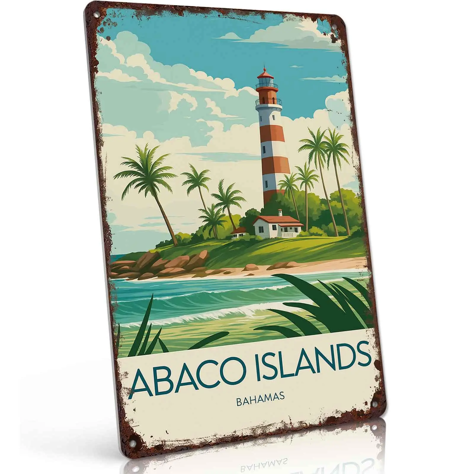 Abaco Islands Bahamas Lighthouse Aluminium Metal Tin Sign, 8x12 in Lightweight Decorative Mountable Wall Plaque, Home Room Decor, Nautical Retro Wall Art Gift