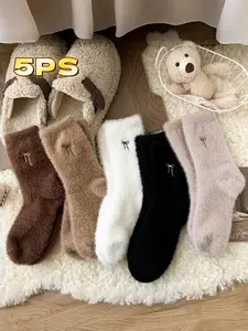 Women's 5 Pairs Bowknot Fuzzy Socks, Autumn Winter Mid-Calf Thick Warm Sleep Socks, Vintage Christmas Gift New Year Present