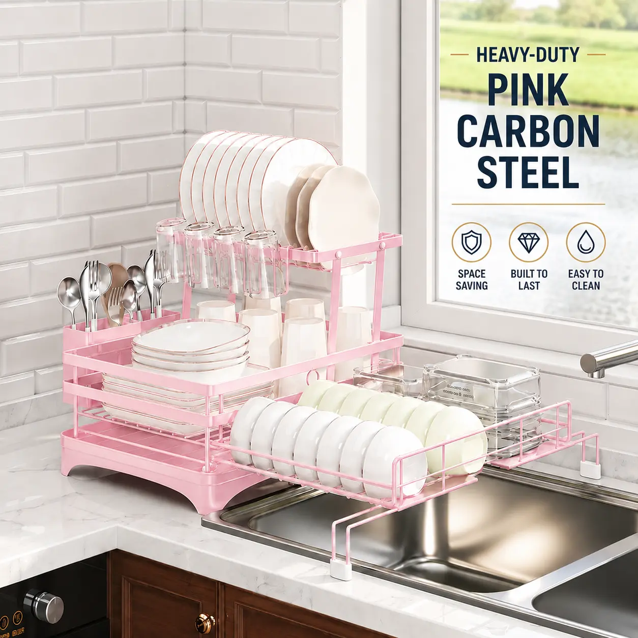 Foldable Over Sink Dish Drying Rack, Expandable Kitchen Counter Organizer with Heavy Duty Carbon Steel Frame, Space Saving Dish Rack for Plates, Bowls & Utensils