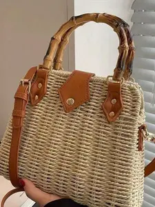 Bamboo Resin Handbag Handle Replacement, Detachable Metal Ring, Vintage Style, Lightweight Durable Natural Style, for Woven Bags