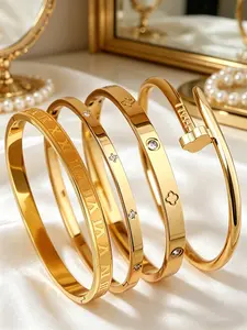 4-piece classic light luxury stainless steel couple bracelet, suitable for daily wear by men and women, durable party accessories, Stainless Steel Bangle, Stackable Bracelets