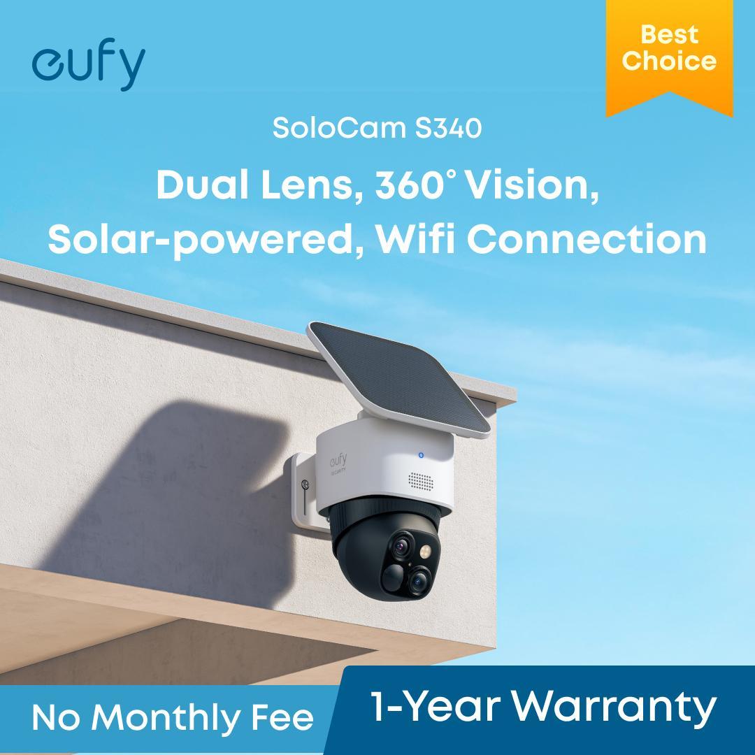 eufy Security SoloCam S340 360 Pan & Tilt Solar Security Camera 2.4 GHz Wi-Fi No Monthly Fee HomeBase S380 Compatible -