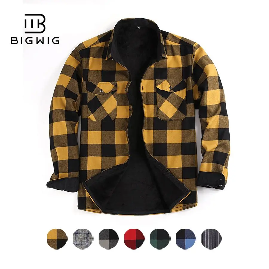 Men's Plaid Flannel Shirt, Thick Heavyweight Long Sleeve Work Tops with Thermal Quilted Lining, Relaxed Fit, Fabric, Menswear