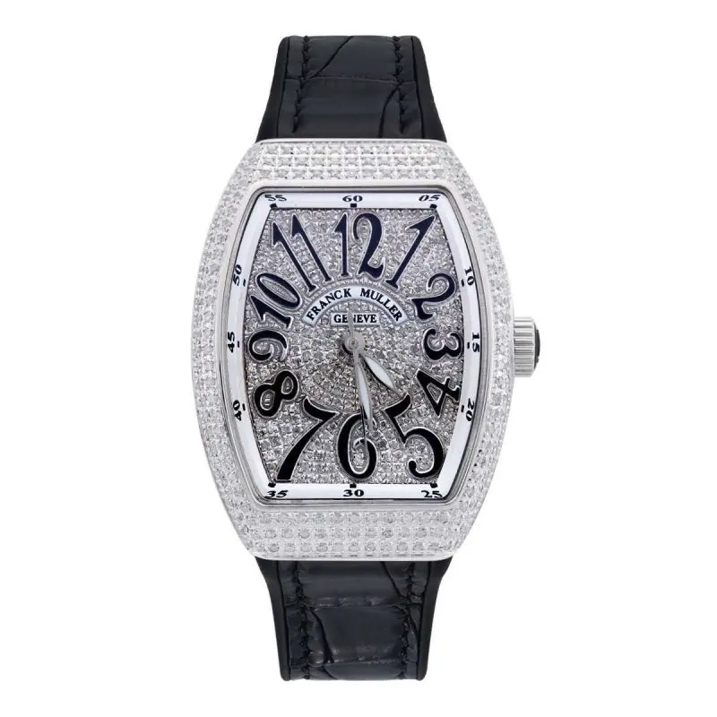Franck Muller Vanguard V32 Automatic Stainless Steel Aftermarket Full Diamond Paved Case and Dial Black Arabic Numerals Ladies Watch WHT031219