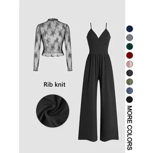 Valentine's Day Women's Solid Color Knitted Lace Tee & High Waist Pocket Jumpsuit Two-piece Set, Elegant Chic Fashion Casual Fitted Zipper Back Cami Jumpsuit & Long Sleeve Top for Daily Outdoor Wear, Women's Clothing for Spring & Fall Outfit