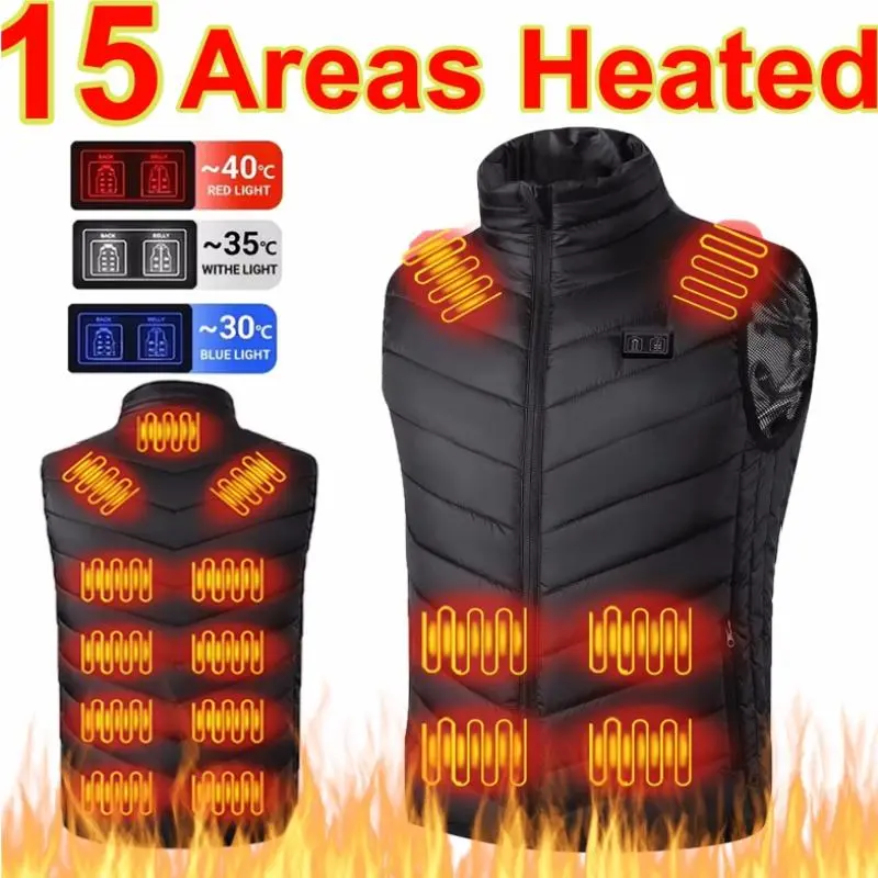 Men's 15-Zone Smart Heated Waistcoat, USB-Charged Fashion Menswear with Plug Set, Comfortable Cloth Heating Top for Winter, Sleeveless, Polyester, Plain, Hand Wash