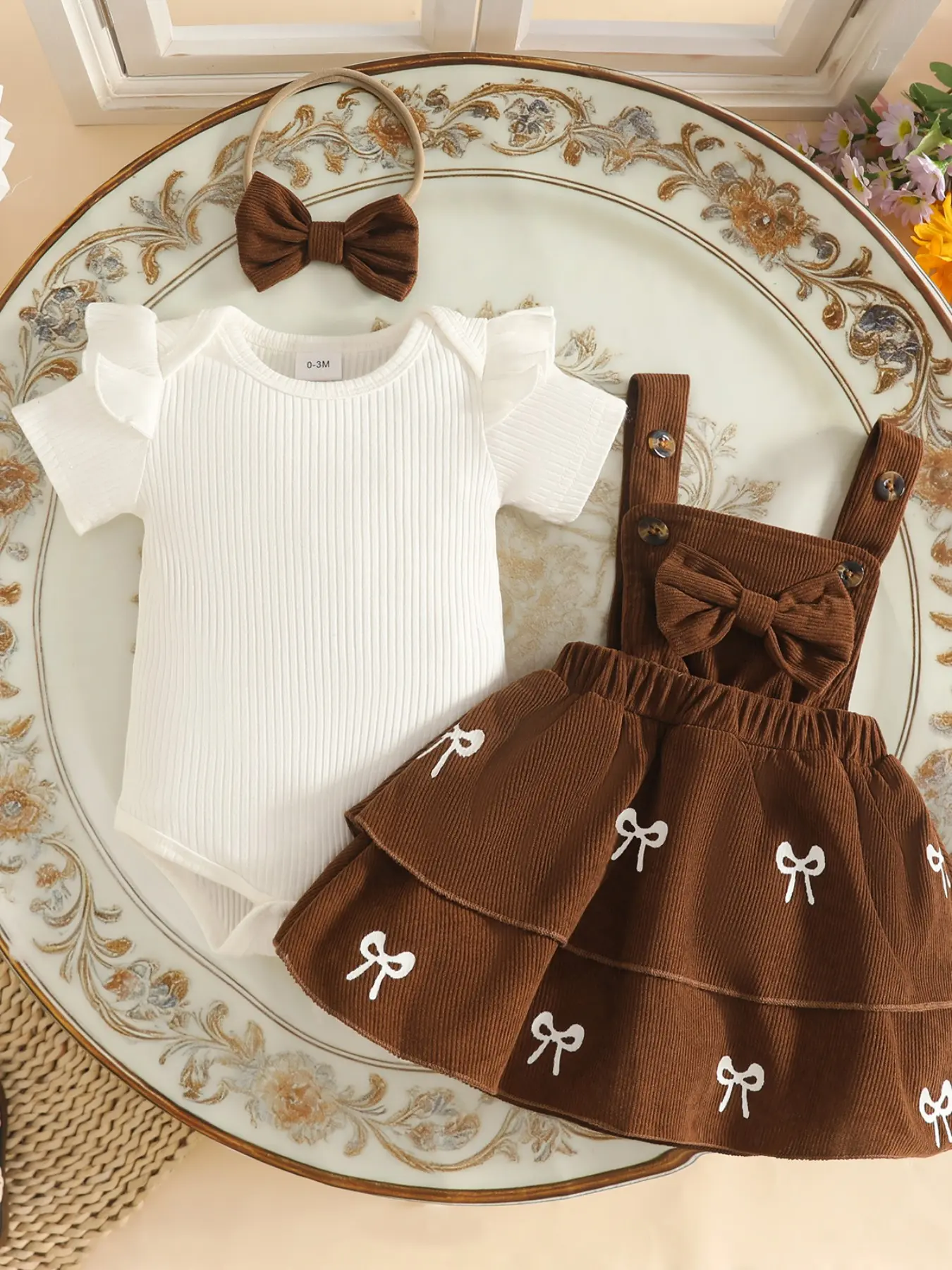 Girls' Butterfly Pattern Romper Set, Short Sleeve Triangular Bodysuit, Strap Dress, Headband, Summer Outdoor Wear, Ages 0-3, Summer Gift Set, Newborn Outfits Set, Baby Clothing