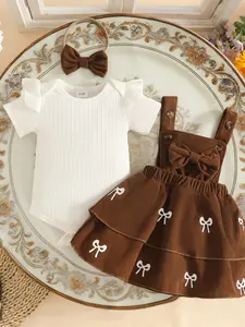 Girls' Butterfly Pattern Romper Set, Short Sleeve Triangular Bodysuit, Strap Dress, Headband, Summer Outdoor Wear, Ages 0-3, Summer Gift Set