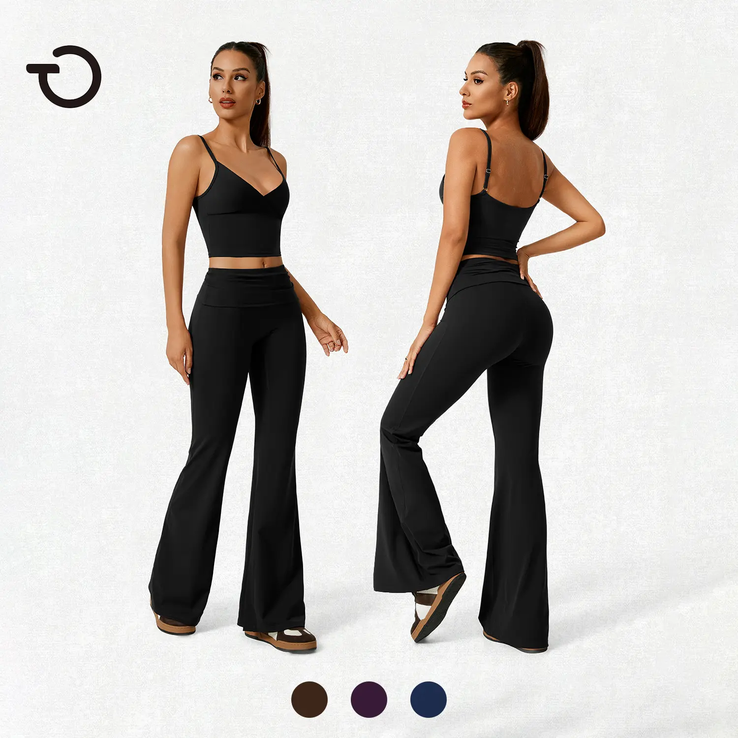 TimeOFF Women's Adjustable 2-Piece Minimalist Basic Deep V Crop Cami & Flared Pants Set - Breathable Fabric, Buttock-Plumping Lifting, Back Hollow-Out, Shape-Enhancing Casual Workout Sportswear, 2 Piece Sets, Women's Workout Sets