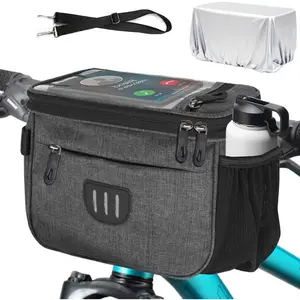 Bike Handlebar Bag with Rain Cover, Shoulder Strap, Bike Basket Front with Phone Holder 6.8", Road Mountain Bicycle Pouch for Kids Men Women