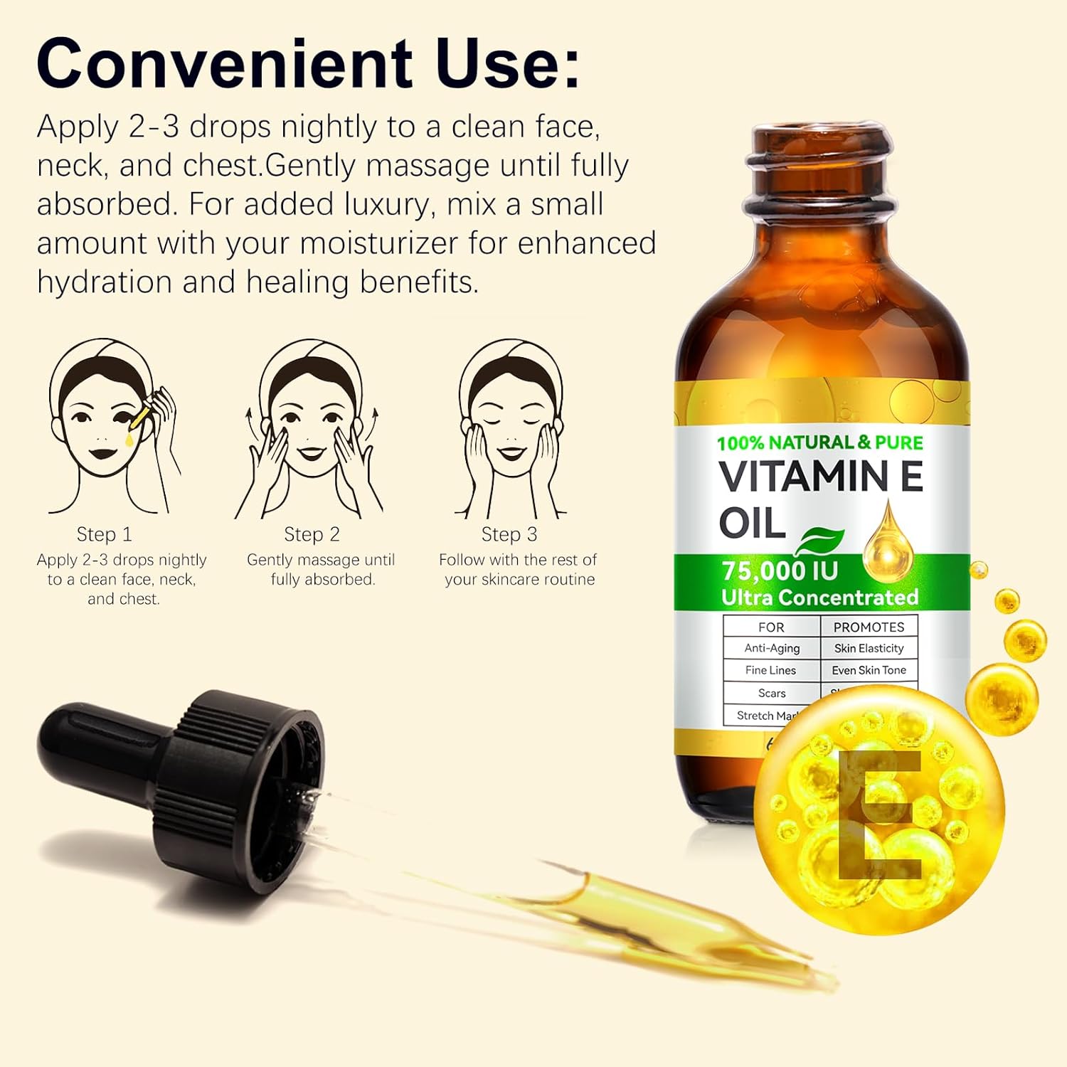 Pure Vitamin E Oil 75,000 IU Multiuse Oil - Unscented Body Care, Face+Body Use Moisture, Skin Repair for Dry Skin, Scars, Nail Care, 2 fl oz