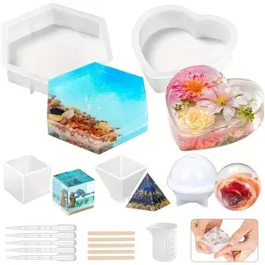 16Pcs Resin Casting Molds DIY Resin Kit, 8 In 1 Large TraySilicone Molds For Epoxy Resin, Flowers Preservation,Ideal Resin Starter Kit Including Hexagon, Heart, Sphere,Pyramid, Cube And Set Tools