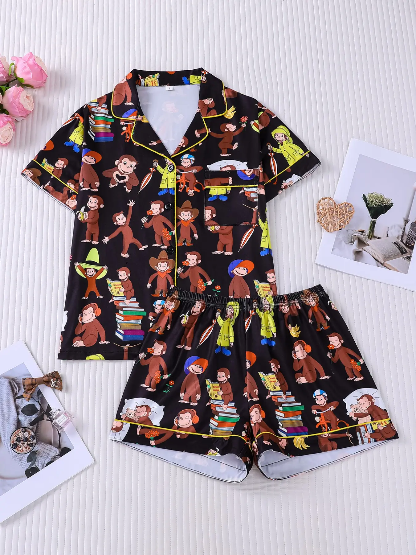 2 Piece Women's Curious George All Over Print Pajama Set, Loungewear Sleepwear Set, Short Sleeve Collared Button Down Top with Pocket & Elastic Waist Ruffle Shorts, Cartoon Monkey Soft Comfy Loungewear Nightwear All Season Home Wear, Pajamas Lounge Set
