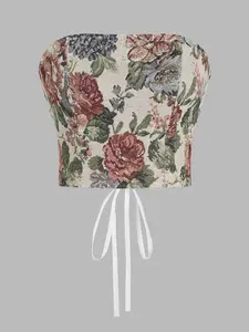 Women's Floral Print Lace Up Grommet Eyelet Crop Tube Top, Elegant Strapless Top for Summer, Fashion Women's Top for Daily Wear, Elegant Sleeveless Top