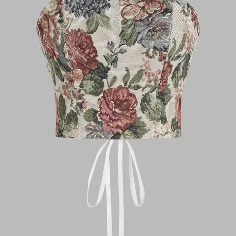 Women's Floral Print Lace Up Grommet Eyelet Crop Tube Top, Elegant Strapless Top for Summer, Fashion Women's Top for Daily Wear, Elegant Sleeveless Top, Cropped Top, Elegant Chic Sleeveless, Chic Summer Look