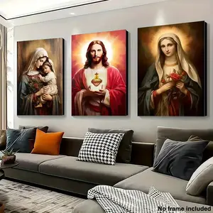 [2D Flat] Frameless Canvas Art Print Set - 3 Religious Wall Decor Posters Featuring Jesus and Virgin Mary, Ideal for Living Decoration