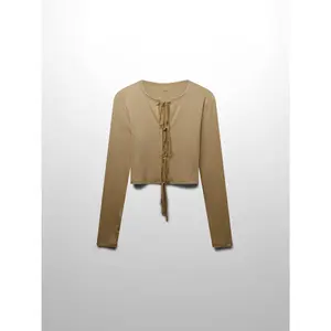 Ribbed Crop Bow Cardigan-Heathered Oatmeal