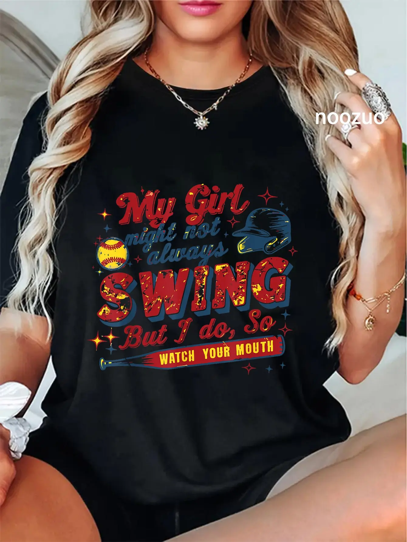 100% Cotton Funny Softball Saying My Girl Might Not Always Swing T-Shirt