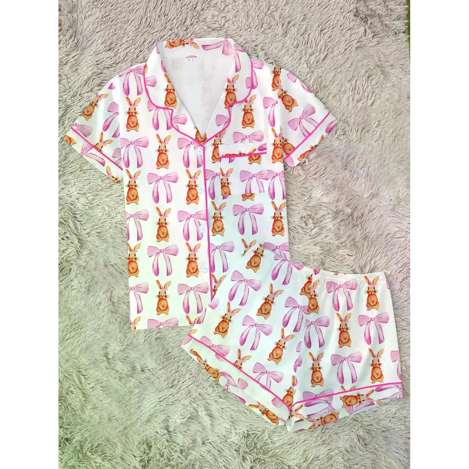Bow Bunny Print Women's Pajama Set: Two-Piece Casual Loungewear with Short Sleeve Button Top and Shorts, Comfortable Home Sleepwear