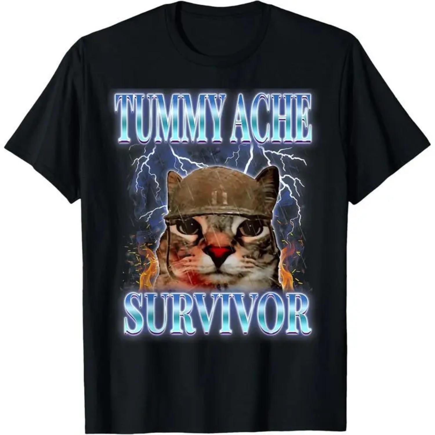 Humorous Tummy Ache Survivor Cat Meme Graphic Tee for Adults and Kids Funny Animal Vintage Short Sleeve Shirt Perfect for Casual Vacation Wear