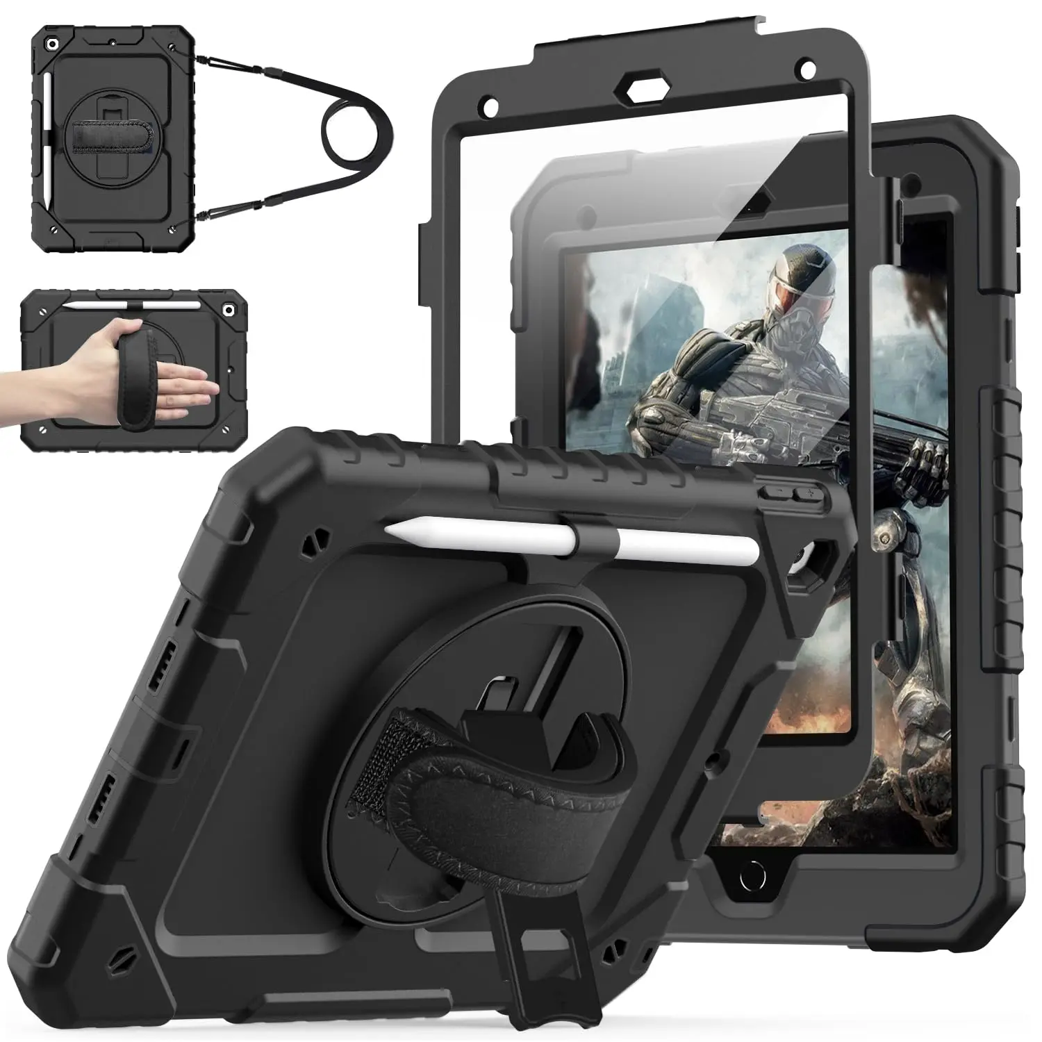 Case For Ipad 9th/8th/7th Generation With Screen Protector  10.2 2021/2020/2019 360 Degree Rotating Stand/shoulder Strap/pencil Holder Black