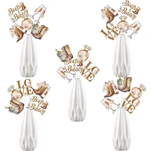1Set Boots and Bubbly Bridal Shower Decorations 24pcs Boho Bridal Shower Table Centerpiece Stick Rustic Brown Floral Table Toppers for Western Cowgirl Bachelorette Wedding Engagement Party