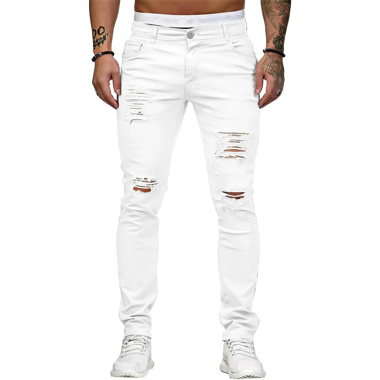 HUNGSON Men's Slim Fit Ripped Jeans - Soft Plain White Spandex-Stretch Cotton Denim, Side-Striped, Distressed Details, Ankle Zippers, Stylish Pockets, Slim Legs, Casual Wear Bottoms, Skinny Pants, Elastane, Cotton Blend, Distressed Look, Ankle Length Men'