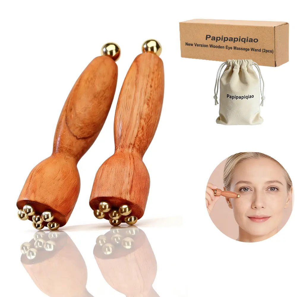 2Pcs Facial Massage Tool for Eye Massage Reduce Puffiness and Dark Circles Facial Meridian Brush Rosewood Handle Copper Massage Beads Chinese SPA Gua Sha Tool (Rosewood)