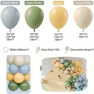 146PCS Dusty Blue and Green Balloon Arch Garland Kit, Pastel Blue Sage Green Nude Sand White Latex Balloons for Bear Themed Birthday Wedding Party Decorations