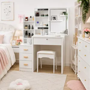 Women's Small Space Makeup Vanity Desk with Tri-Color LED Hidden Mirror, Storage Drawers Set & Lights, Multifunctional Indoor Dressing Table for Apartment & Dorm Decor