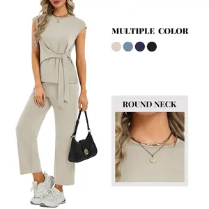 Casly Lamiit Women's 2 Piece Set - Soft Fabric Round Neck Cap Sleeve Top with Belted Tie & Crop Wide Leg Pants - Versatile Travel & Everyday Wear #Springfresh