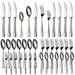 10pcs Hammered Silverware Set, Stainless Steel Cutlery Set, Dinnerware Service Set, Modern Kitchen Utensils, Mirror Polished, Dishwasher Safe, High-Quality Dining Essentials