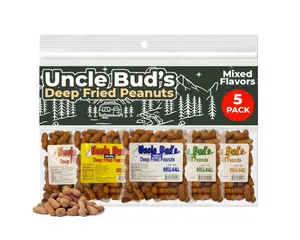 Uncle Bud's Deep Fried Peanuts In Shell (5 Pack), Peanuts Individual Packs: Salted, Cajun, Garlic, Hot, Old Bay, Bacon BBQ, Crunchy Flavored Peanut Variety Pack, Spicy Peanuts, Hot Peanuts In Shell
