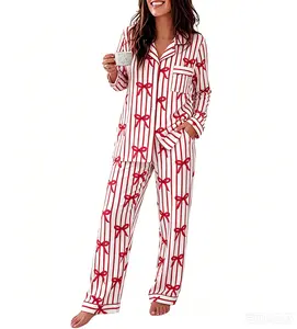 Women's Long-Sleeve Pajama Set - Bow Tie Striped Print - Sweet Adorable All-Season Home Loungewear