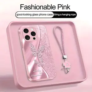 Suitable for [iPhone 16 Pro Max] high-end women's phone case🥰，a beautiful four-leaf clover lanyard is included🍀，A beautiful, sophisticated printed butterfly pattern—not sequins YM99