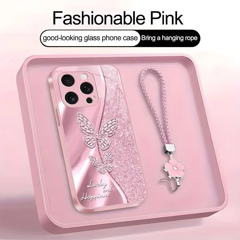Suitable for [iPhone 16 Pro Max] high-end women's phone case🥰，a beautiful four-leaf clover lanyard is included🍀，A beautiful, sophisticated printed butterfly pattern—not sequins YM99