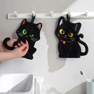 Set of 2 Cat Embroidered Hand Towels, Coral Fleece Ultra-Absorbent Quick-Dry Hangable Bathroom Kitchen Hanging Thumbs Up Towels, Bathroom Accessory
